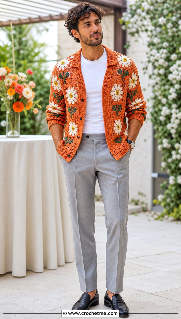 Floral Motif Crochet Cardigan With Gray Suit Pants - 30 mens crochet cardigan sweater outfit ideas
