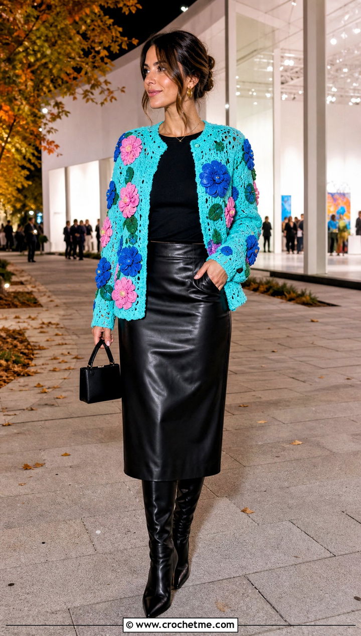 Floral Motif Crochet Cardigan With Leather Midi Skirt - 35 fall crochet cardigan outfit ideas