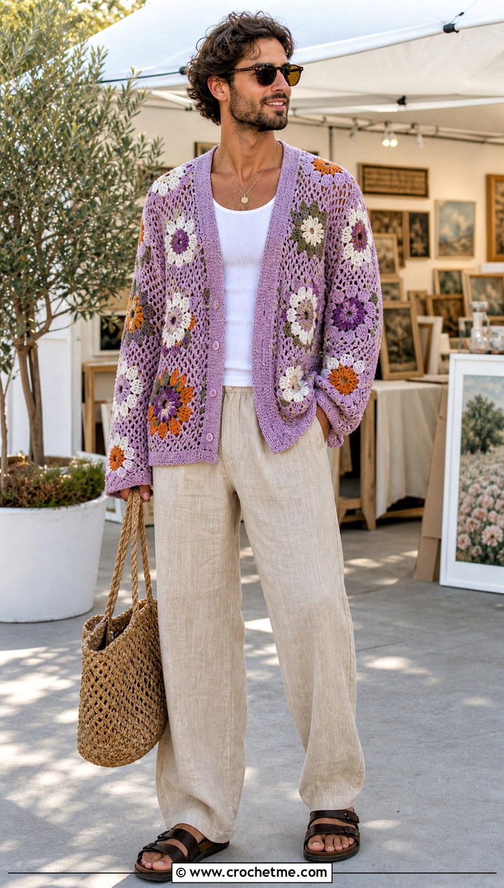 Floral Motif Crochet Cardigan With Linen Pants - 35 mens crochet cardigan outfit ideas