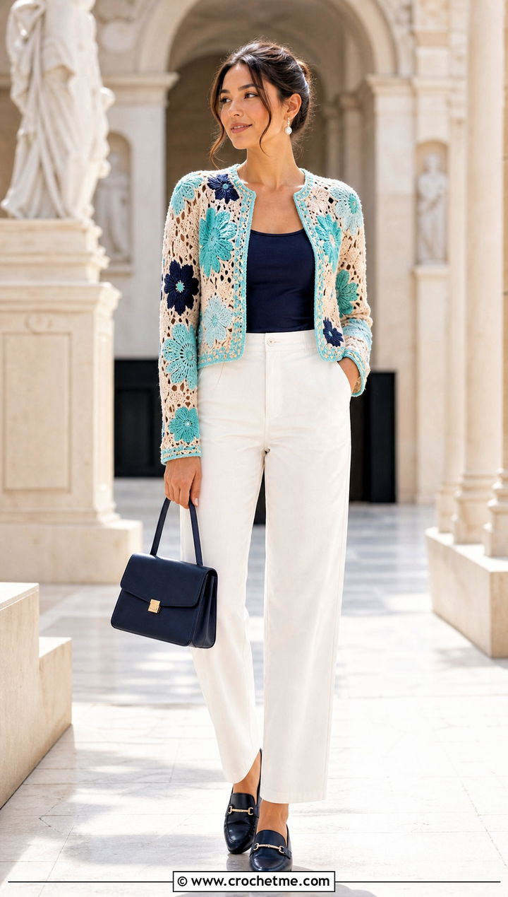 Floral Motif Crochet Cardigan With Straight Leg Pants - 15 crochet cardigan with blue accents outfit ideas