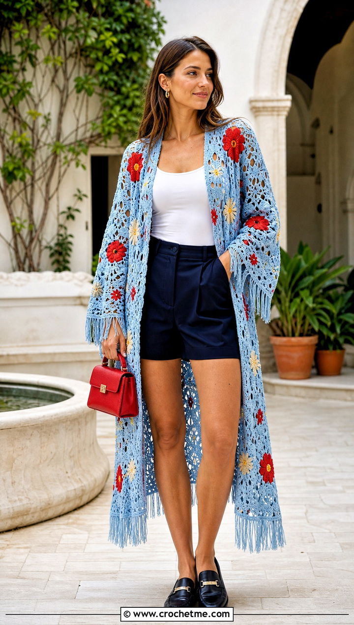 Floral Motif Crochet Cardigan With Tailored Shorts - 15 long crochet cardigan with fringe outfit ideas
