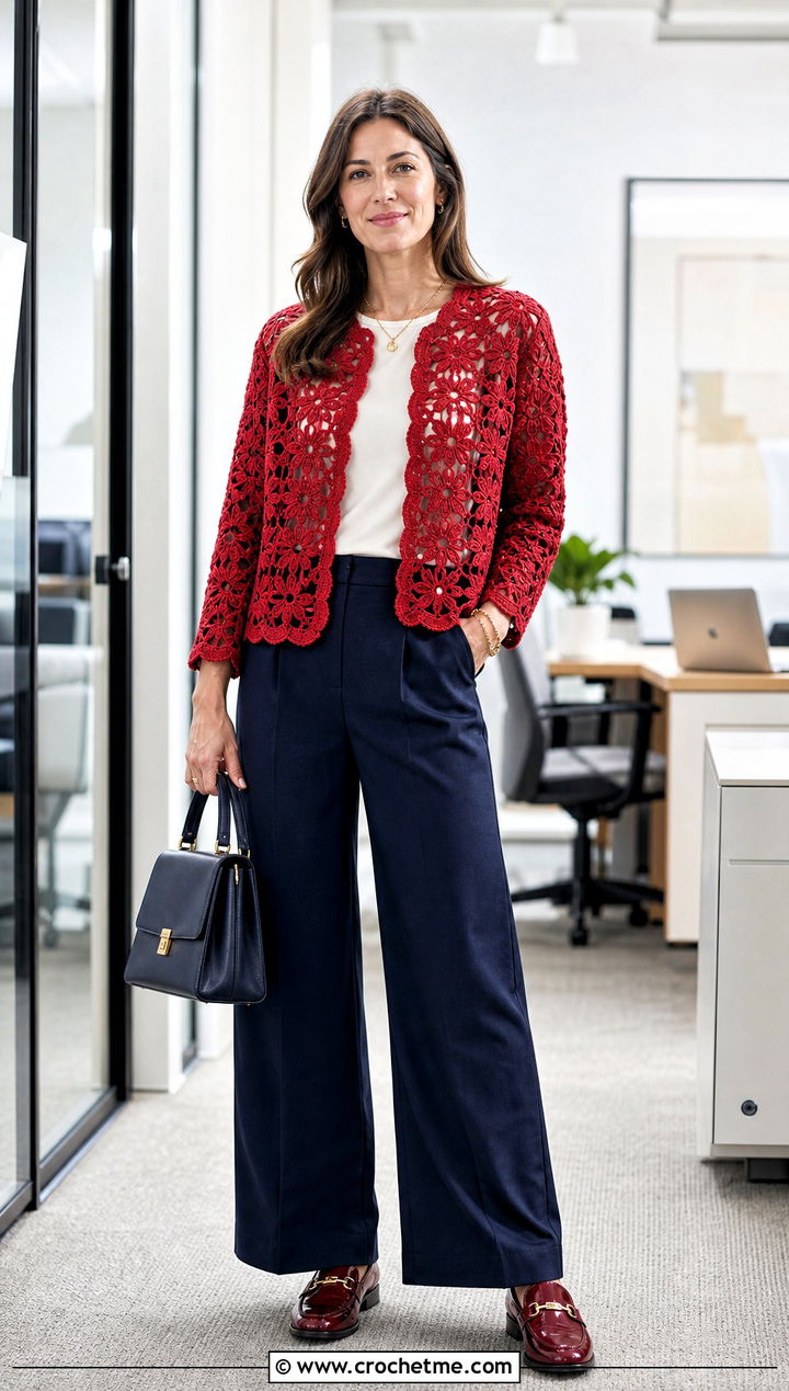 Floral Motif Crochet Cardigan With Tailored Trousers - 15 summer crochet cardigan design outfit ideas