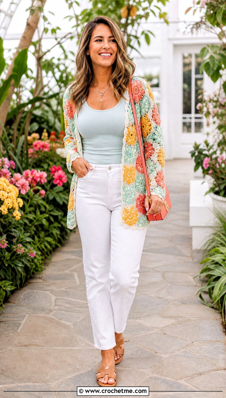 Floral Motif Crochet Cardigan With White Jeans - 35 ladies crochet cardigan outfit ideas