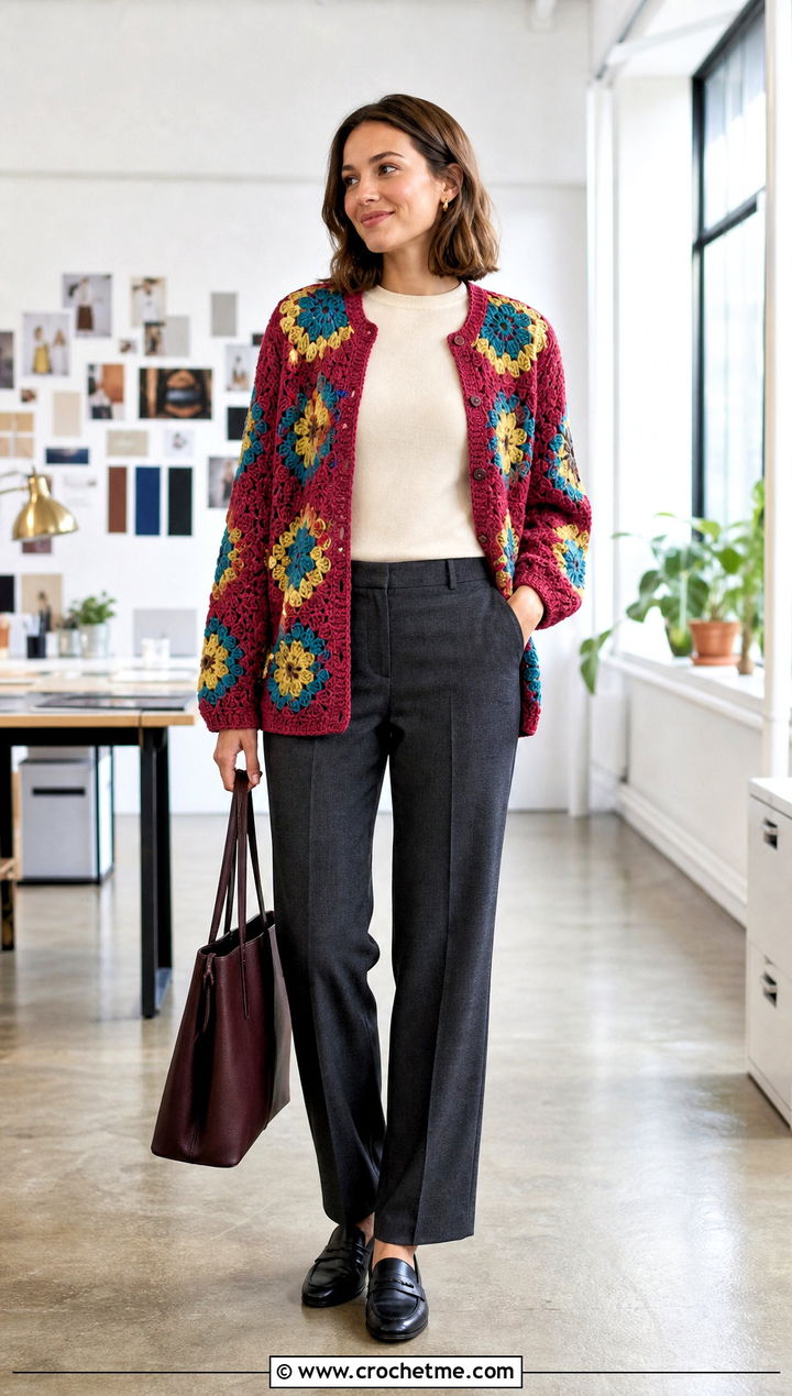 Floral Motif Crochet Cardigan With Wool Trousers - 25 Autumn Crochet Cardigan outfit ideas