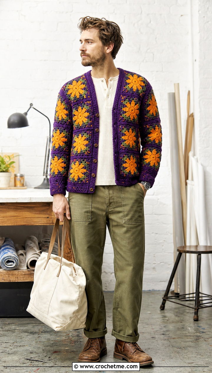 Floral Motif Crochet Cardigan With Workwear Pants - 30 crochet man cardigan outfit ideas