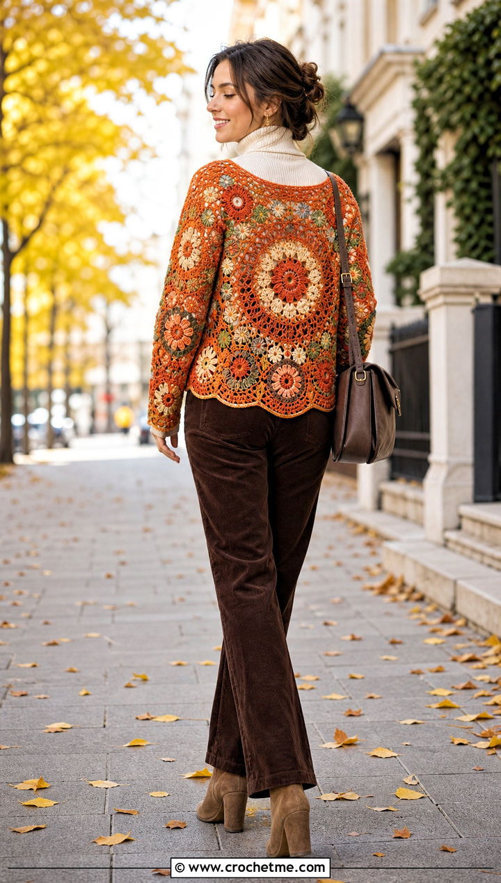 Floral Motif Crochet Circle Sweater With Turtleneck - 25 crochet circle sweater outfit ideas