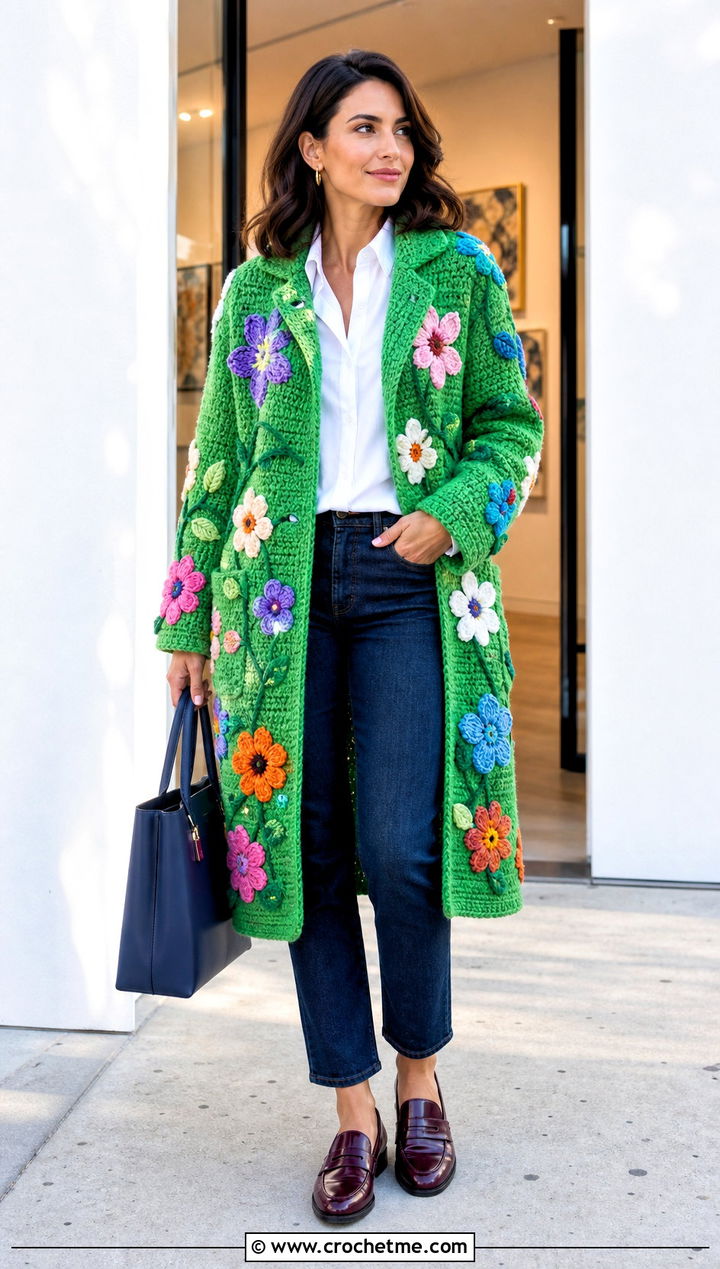 Floral Motif Crochet Coat With A White Shirt - 25 Crochet Coat For Women outfit ideas
