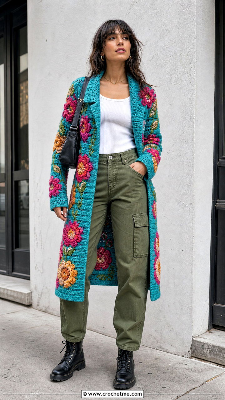Floral Motif Crochet Coat With Cargo Pants - 35 crochet coats outfit ideas