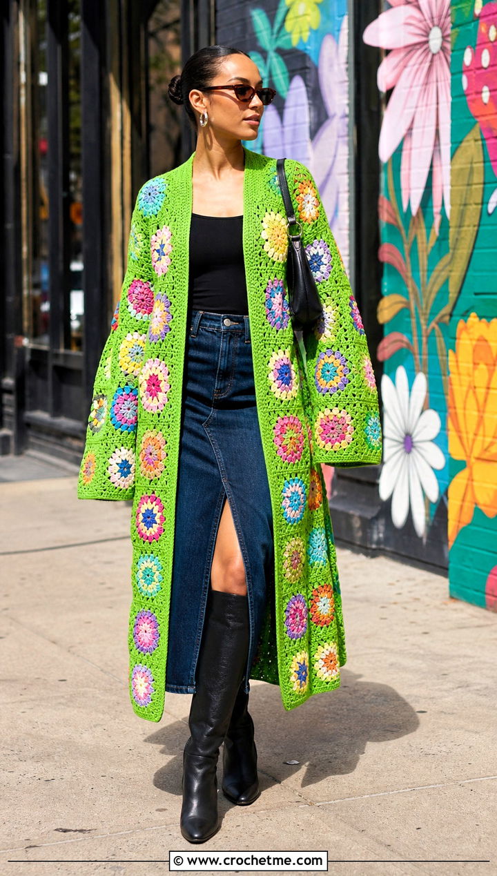 Floral Motif Crochet Coat With Denim Midi Skirt - 15 crochet coat size m outfit ideas