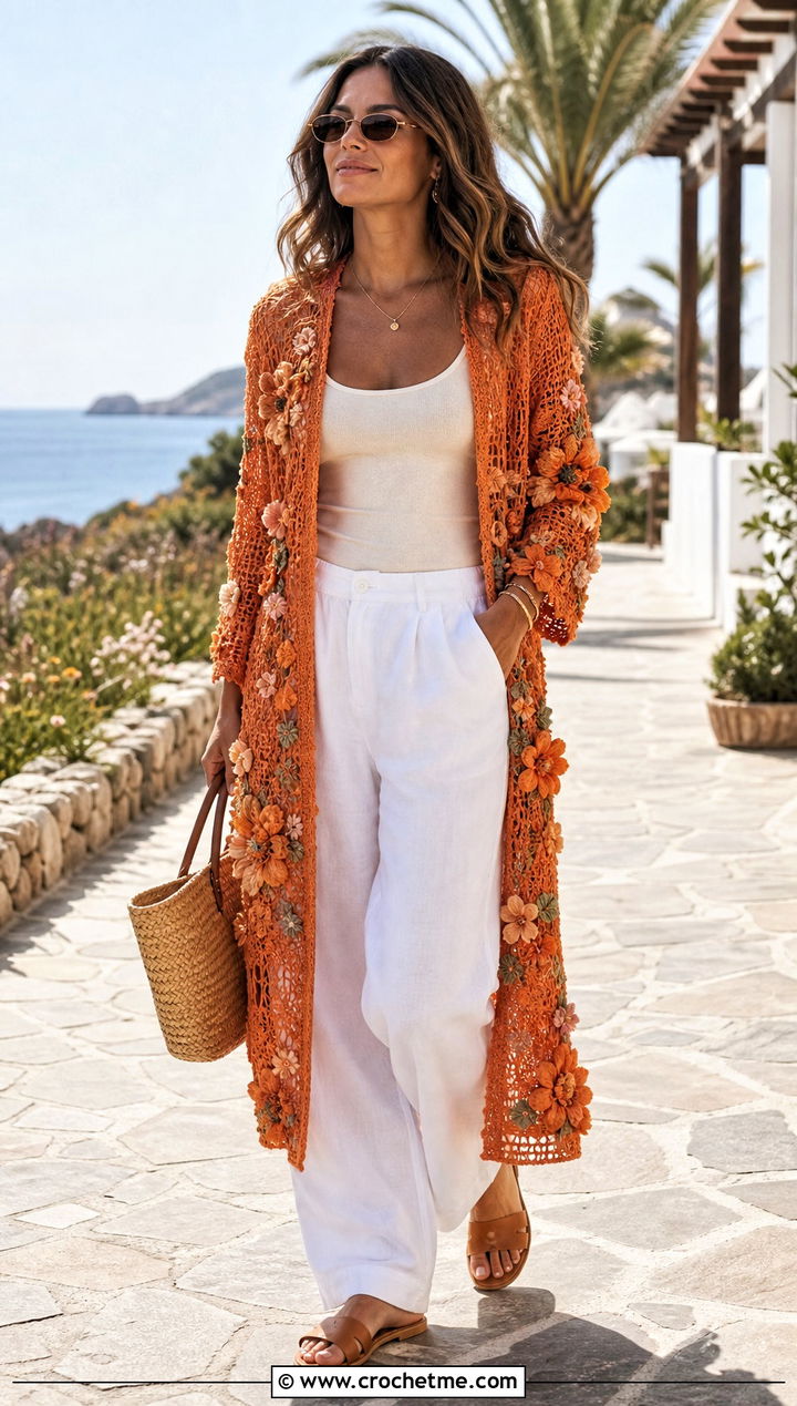 Floral Motif Crochet Coat With Linen Pants - 25 crochet coat ideas