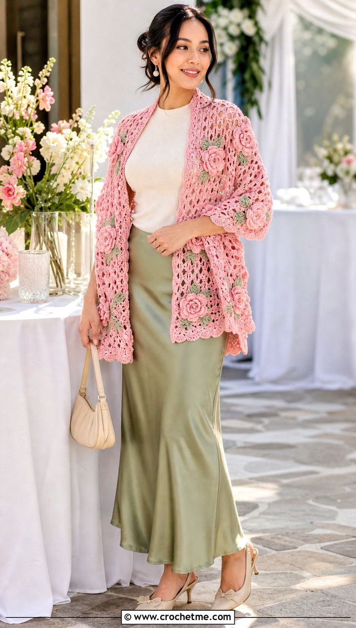 Floral Motif Crochet Cotton Shawl With Slip Skirt - 15 Crochet Cotton Shawl outfit ideas