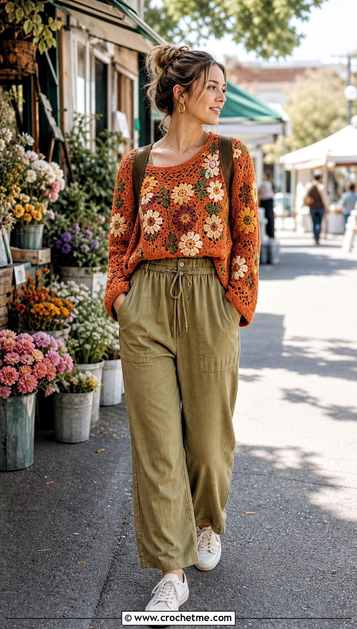 Floral Motif Crochet Cotton Sweater With A Utility Jumpsuit - 25 Crochet Cotton Sweater outfit ideas