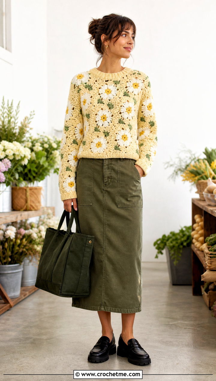 Floral Motif Crochet Crewneck Sweater With Utility Skirt - 30 crochet crewneck sweater outfit ideas