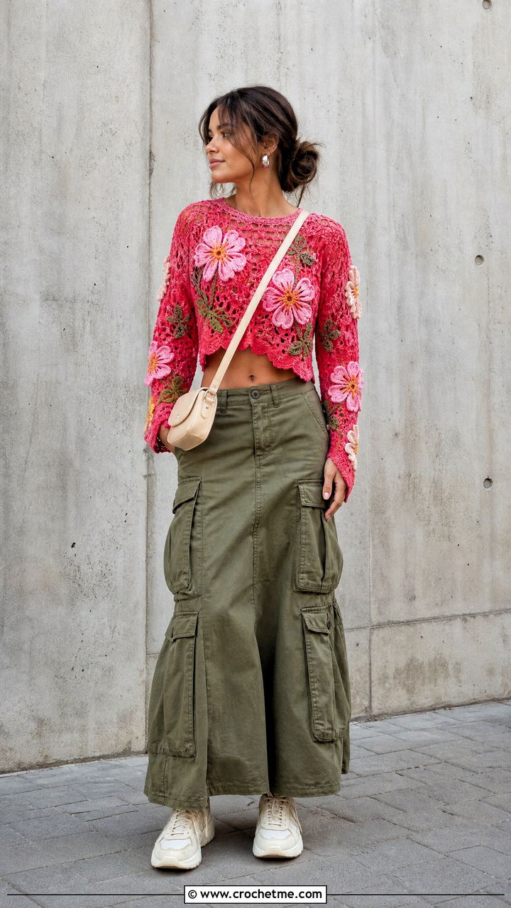 Floral Motif Crochet Crop Sweater With a Cargo Maxi Skirt - 35 crochet crop sweater outfit ideas