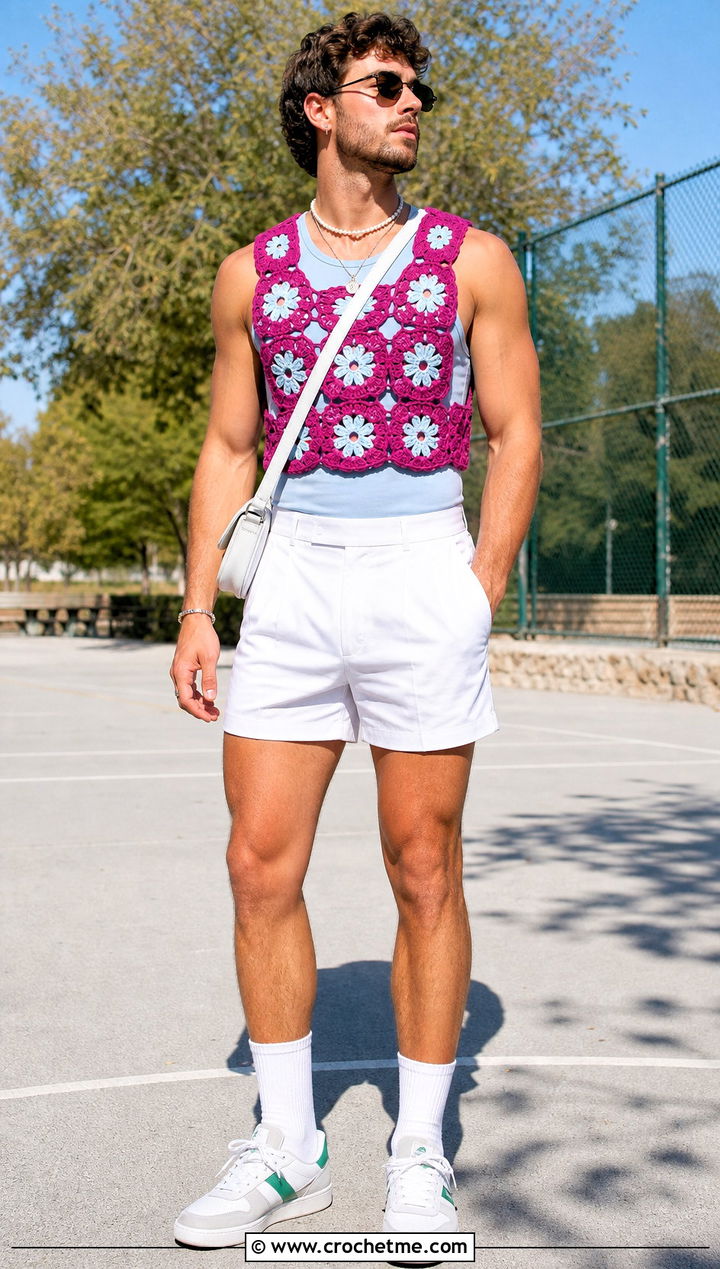 Floral Motif Crochet Crop Top With Tennis Shorts - 25 Men Crochet Crop Top outfit ideas