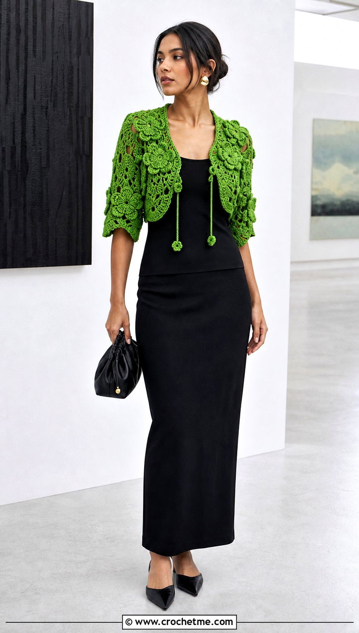 Floral Motif Crochet Cropped Shrug With Column Skirt - 25 Crochet Cropped Shrug outfit ideas