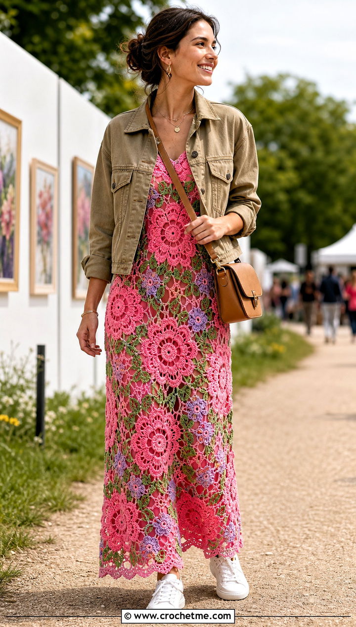 Floral Motif Crochet Dress With Canvas Jacket - 30 modest crochet dress outfit ideas