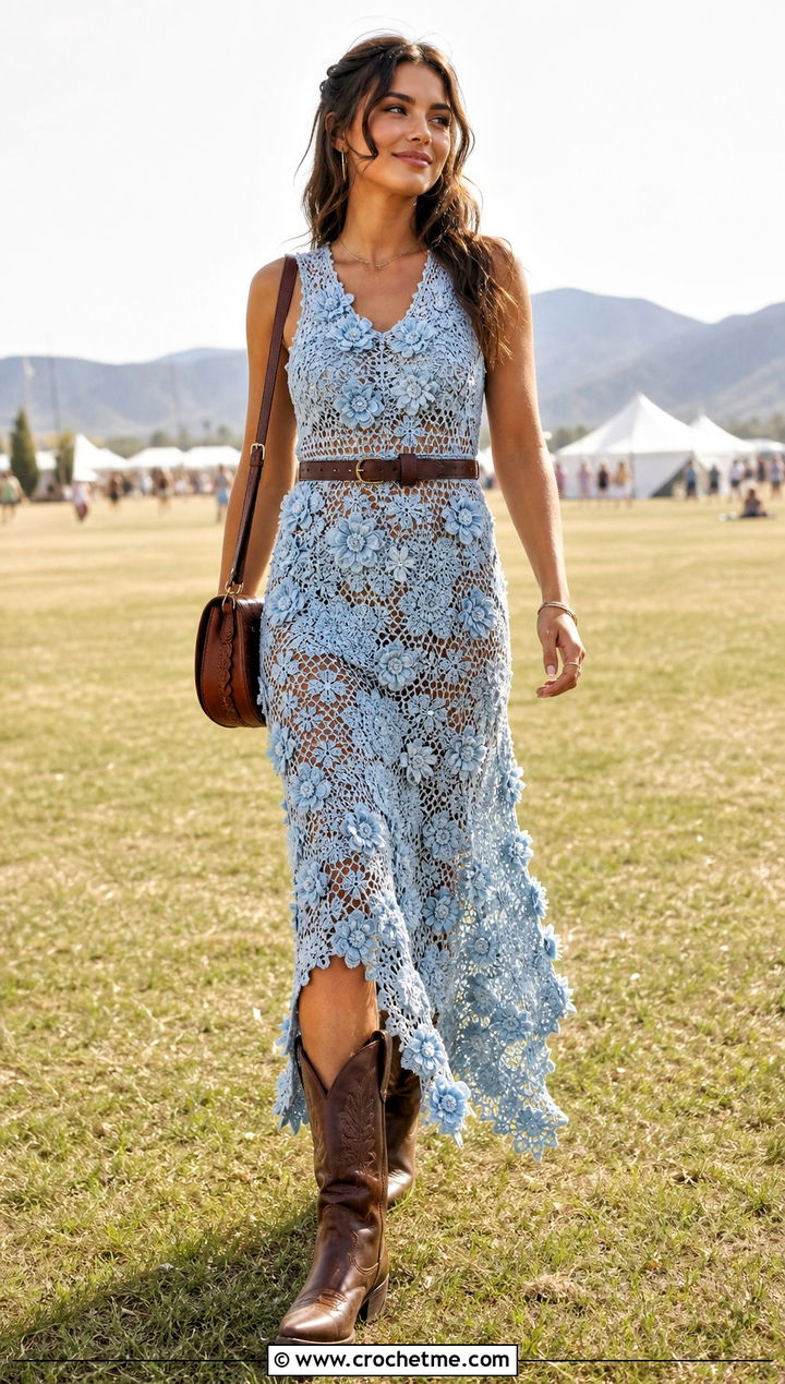 Floral Motif Crochet Dress With Cowboy Boots - 15 Spell Crochet Dress outfit ideas