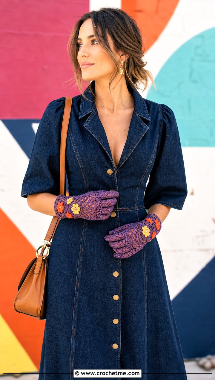 Floral Motif Crochet Driving Gloves With Denim Dress - 25 Crochet Driving Gloves outfit ideas