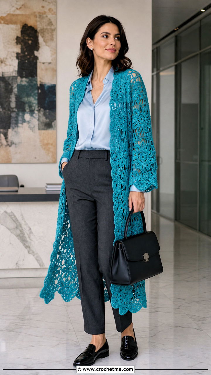 Floral Motif Crochet Duster Cardigan With Tailored Trousers - 35 crochet duster cardigan outfit ideas