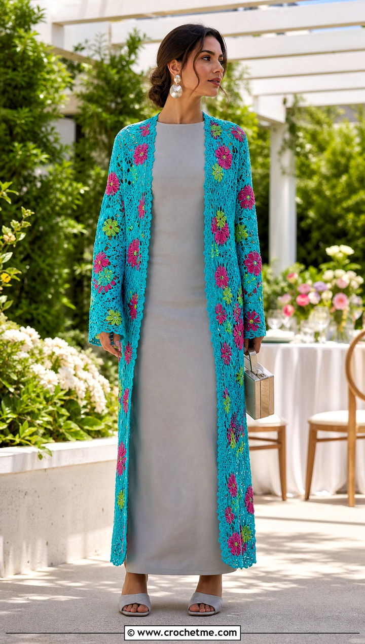 Floral Motif Crochet Duster With Column Dress - 25 Easy Crochet Duster outfit ideas