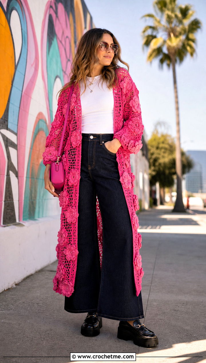 Floral Motif Crochet Duster With Wide Leg Jeans - 25 crochet duster outfit ideas