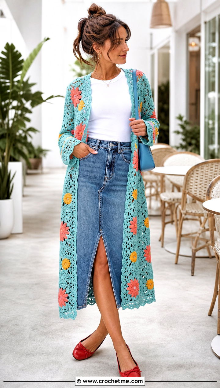Floral Motif Crochet Duster With a Denim Midi Skirt - 35 crochet long jacket outfit ideas