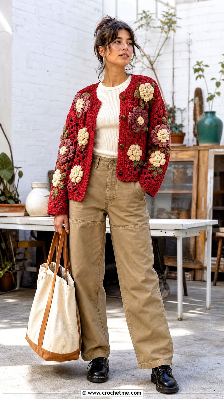 Floral Motif Crochet Fall Cardigan With Workwear Pants - 35 crochet fall cardigan outfit ideas