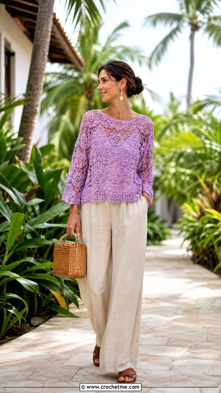 Floral Motif Crochet Full Sleeve Top With Linen Pants - 35 crochet full sleeve top outfit ideas