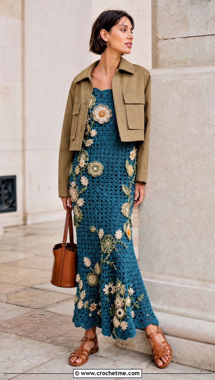 Floral Motif Crochet Gown Dress With Utility Jacket - 25 Crochet Gown Dress outfit ideas
