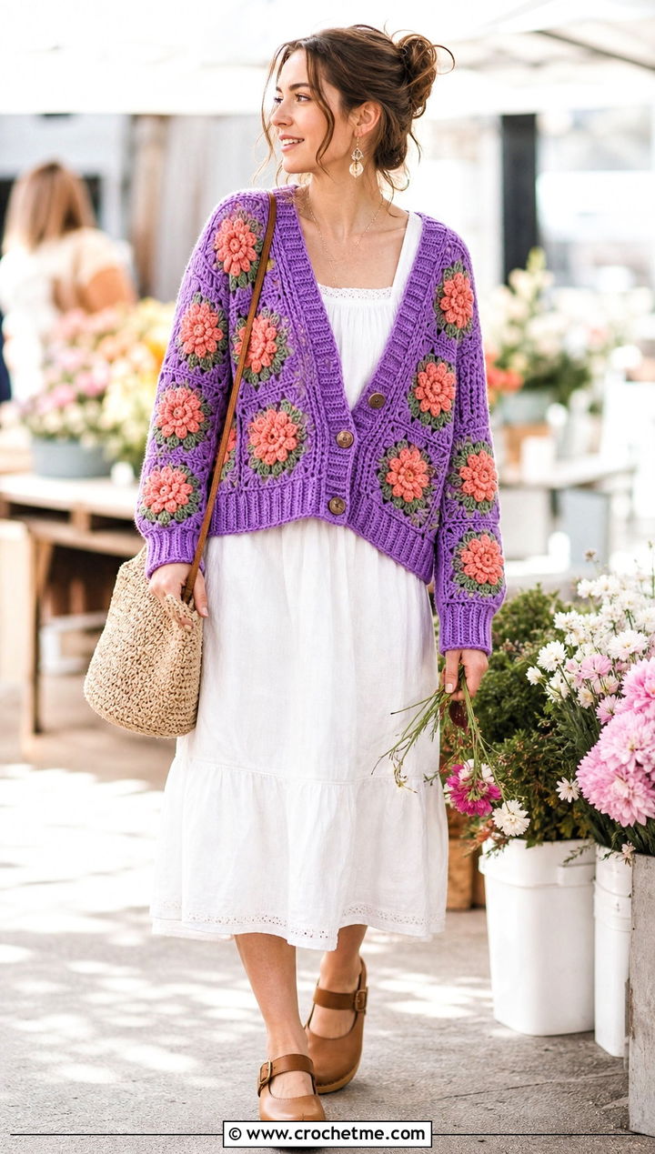 Floral Motif Crochet Grandpa Sweater With White Midi Dress - 25 Crochet Grandpa Sweater outfit ideas