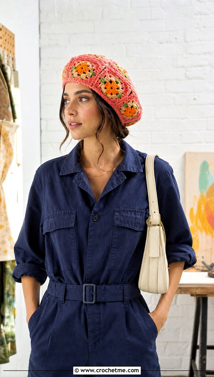 Floral Motif Crochet Granny Square Beret With Utility Jumpsuit - 25 Crochet Granny Square Beret outfit ideas