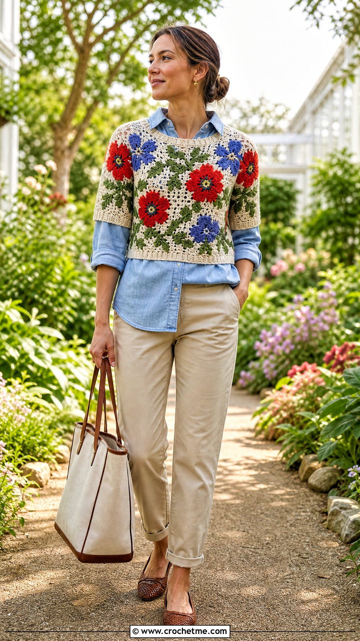 Floral Motif Crochet Half Sweater With Chambray Shirt - 35 crochet half sweater outfit ideas