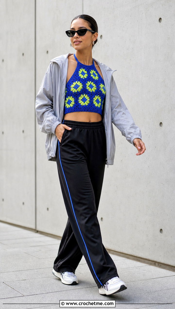 Floral Motif Crochet Halter With Track Pants - 15 floral crochet halter design outfit ideas