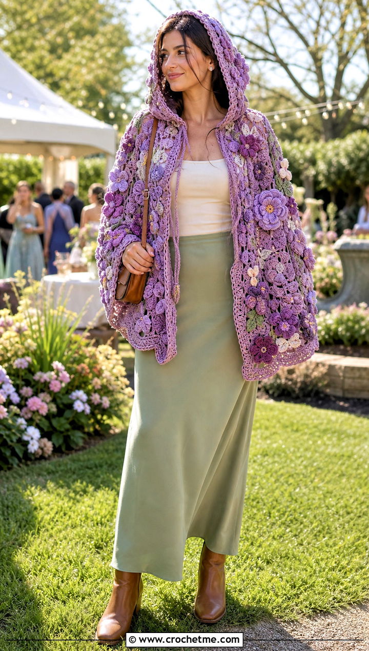 Floral Motif Crochet Hooded Cape With Maxi Skirt - 35 crochet hooded cape outfit ideas
