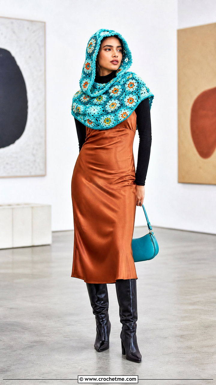 Floral Motif Crochet Hooded Cowl With Slip Dress - 35 crochet hooded cowl outfit ideas