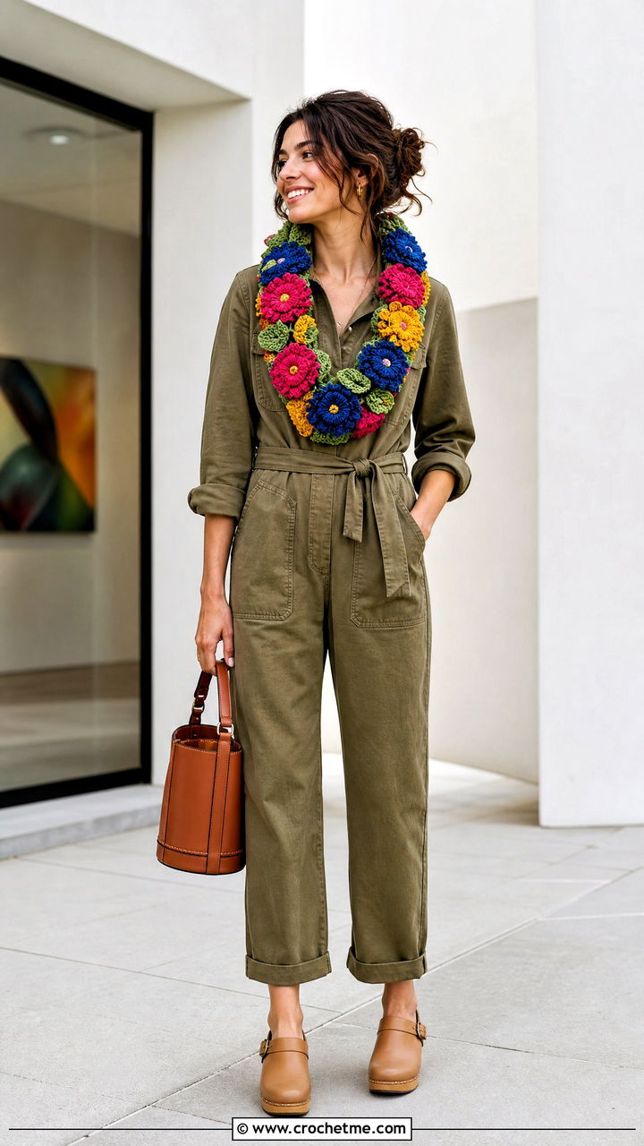 Floral Motif Crochet Infinity Scarf With Utility Jumpsuit - 35 crochet infinity scarf outfit ideas