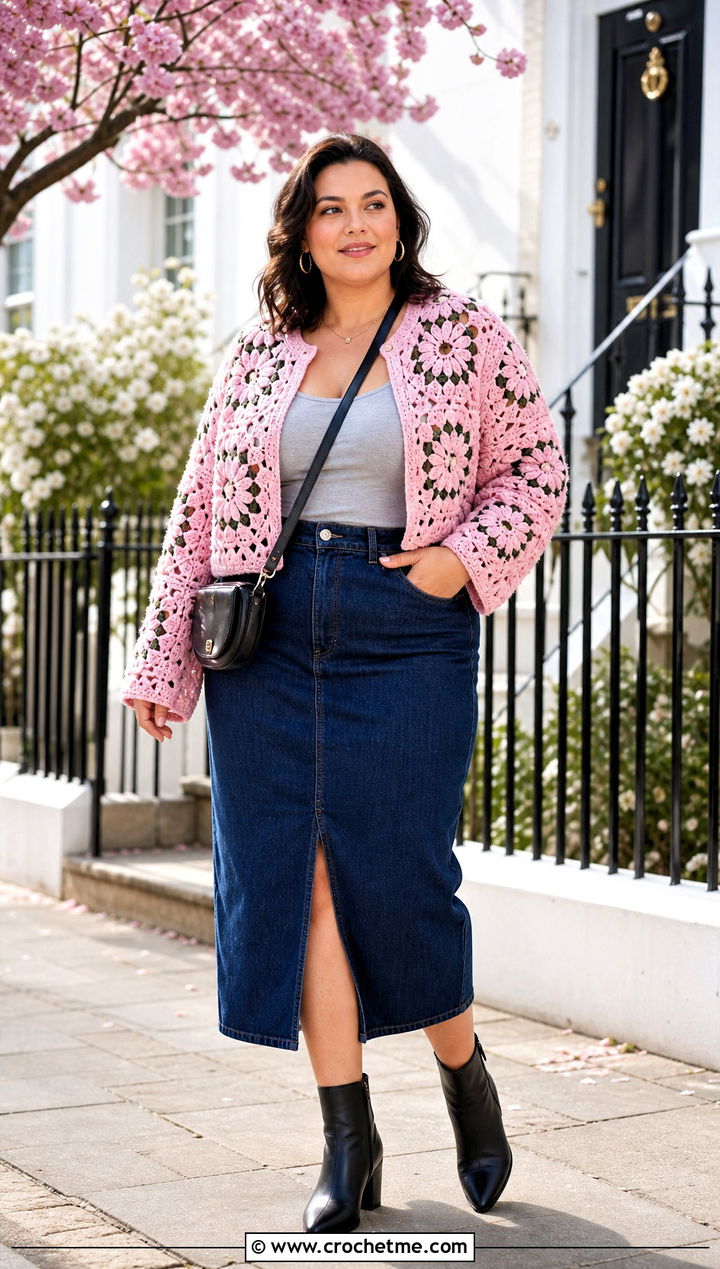 Floral Motif Crochet Jacket With Denim Midi Skirt - 25 crochet clothes jacket outfit ideas