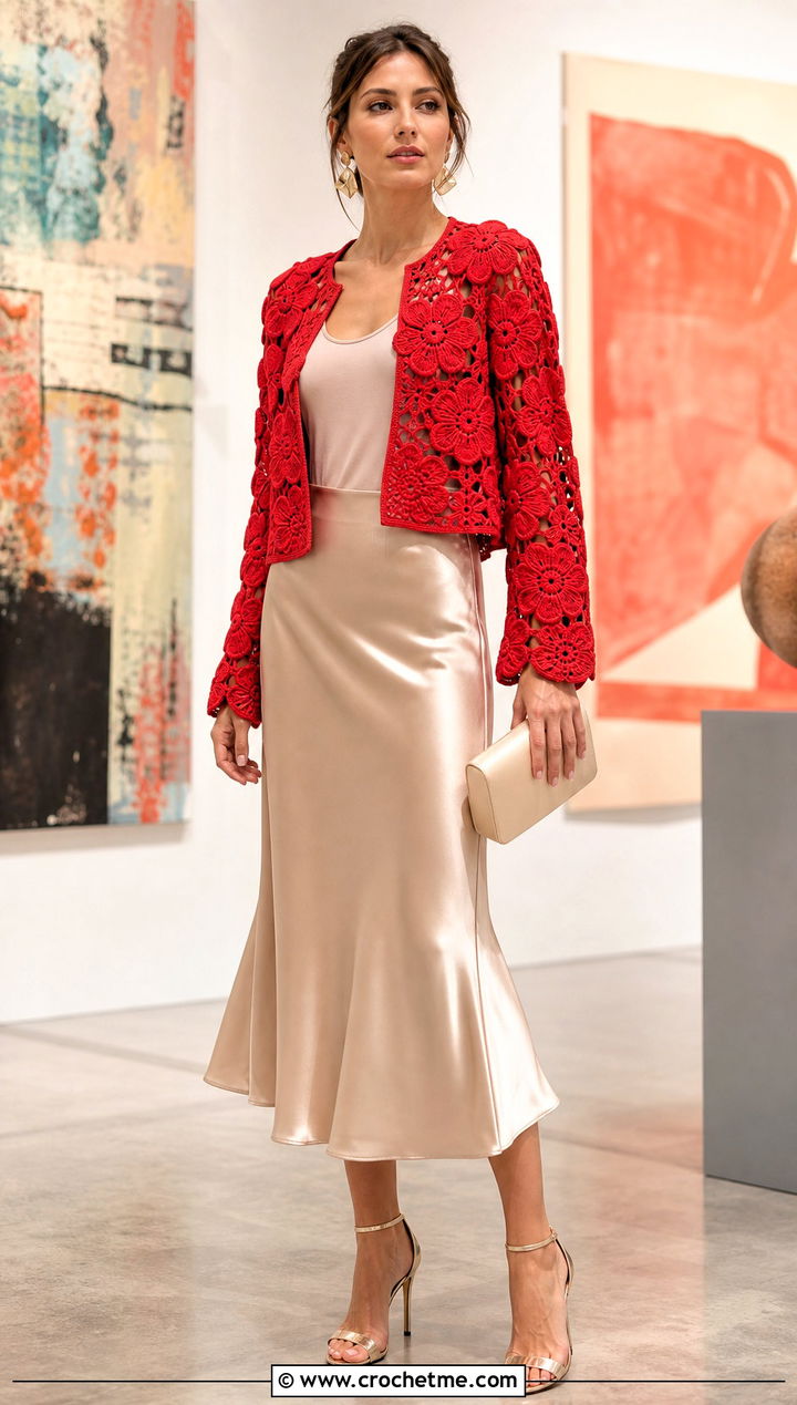 Floral Motif Crochet Jacket With Satin Midi Skirt - 15 crochet summer jacket outfit ideas