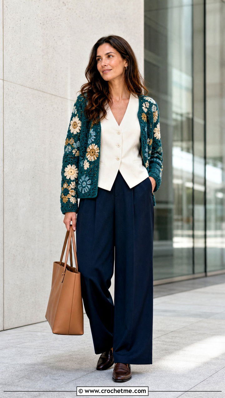 Floral Motif Crochet Jacket With Tailored Trousers - 20 Lacy Crochet Jacket outfit ideas