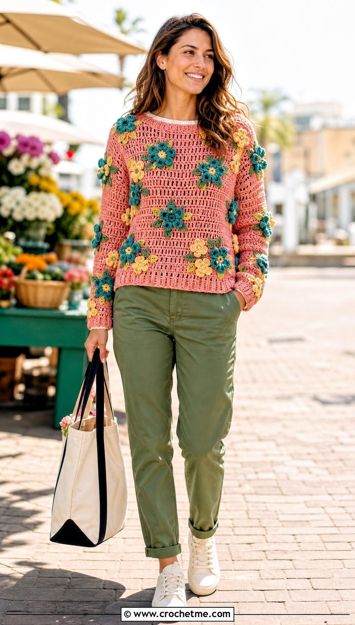 Floral Motif Crochet Jumper With Chino Pants - 25 Cute Crochet Jumper outfit ideas