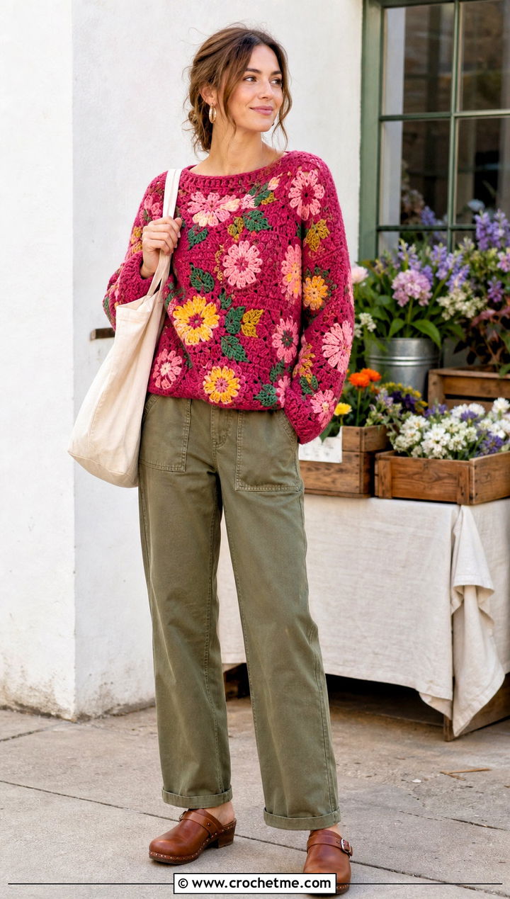 Floral Motif Crochet Jumper With Utility Pants - 35 easy crochet jumper outfit ideas