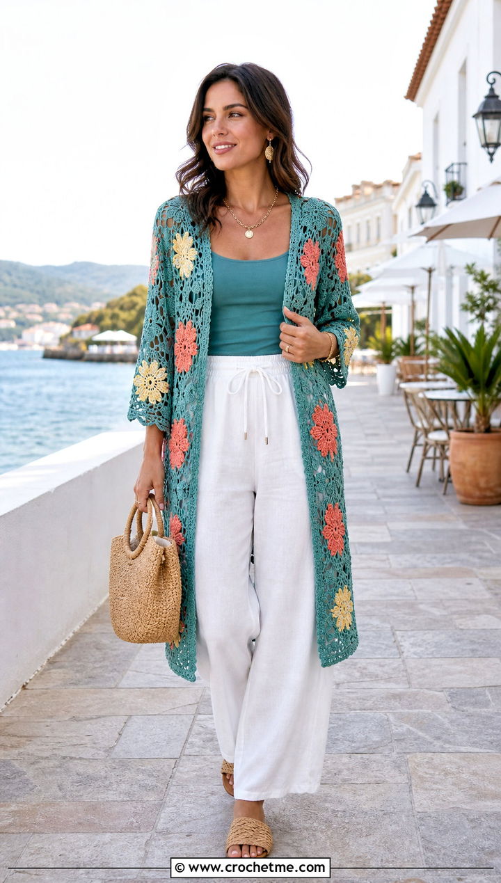 Floral Motif Crochet Kimono Cardigan With White Linen Pants - 35 crochet kimono cardigan outfit ideas