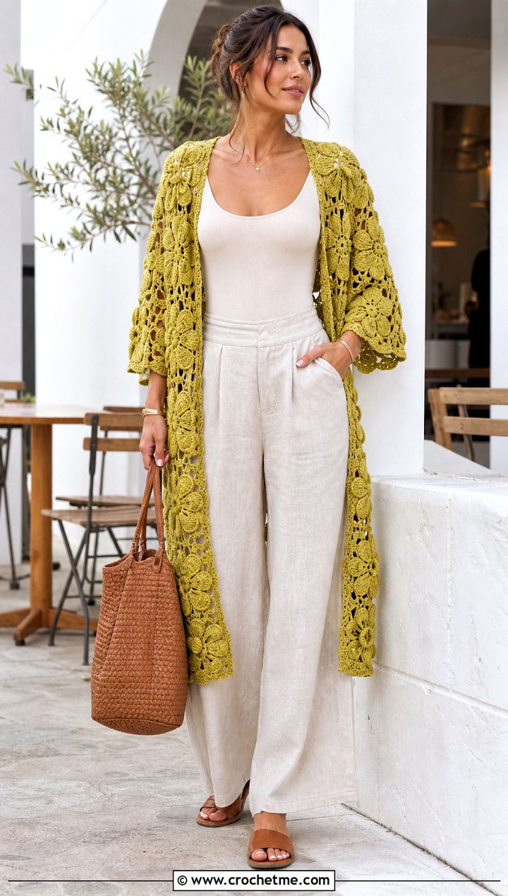 Floral Motif Crochet Kimono With Bodysuit And Linen Pants - 30 Boho Crochet Kimono outfit ideas
