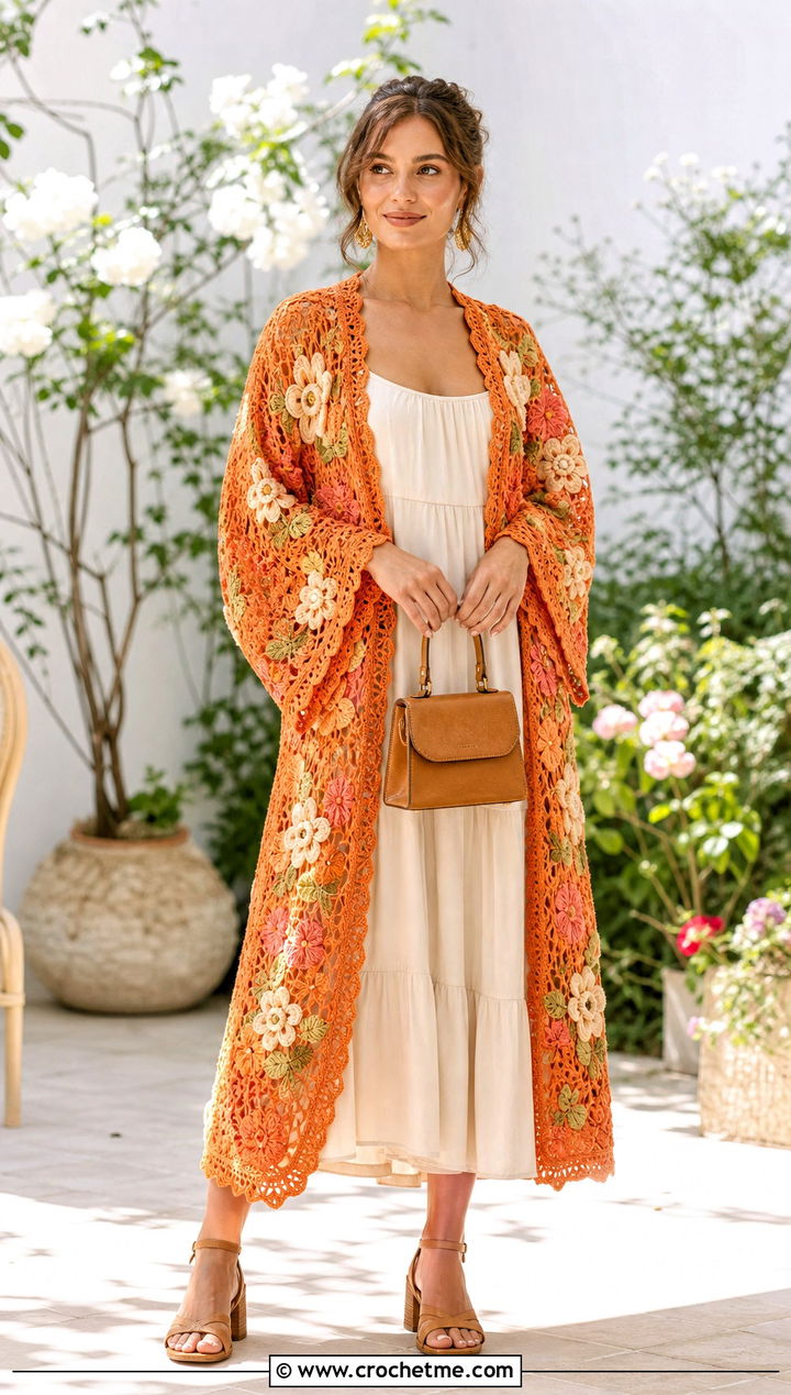 Floral Motif Crochet Kimono With Midi Dress - 25 easy crochet kimono outfit ideas