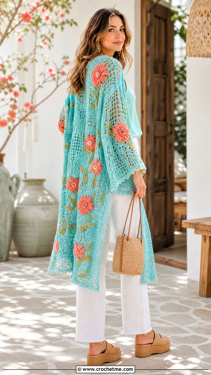Floral Motif Crochet Kimono With White Denim - 35 crochet kimono outfit ideas