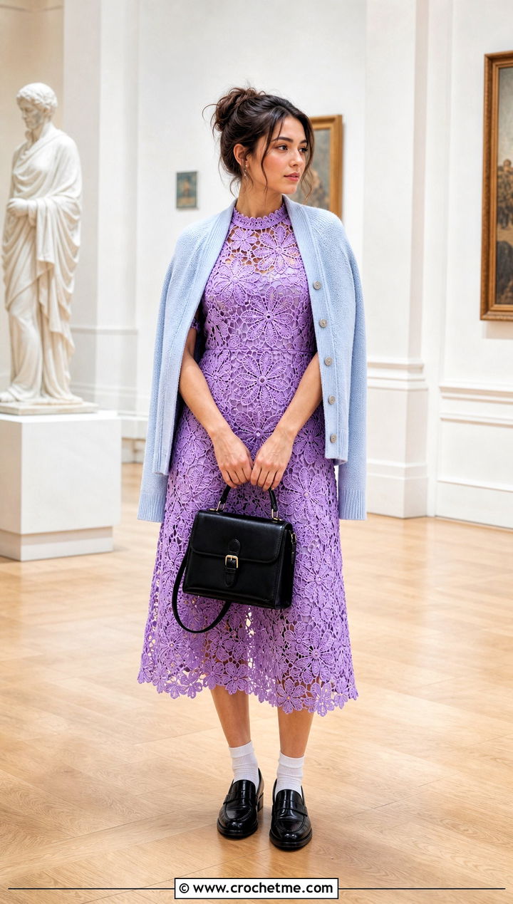 Floral Motif Crochet Lace Dress With Loafers - 35 Crochet Lace Dress outfit ideas