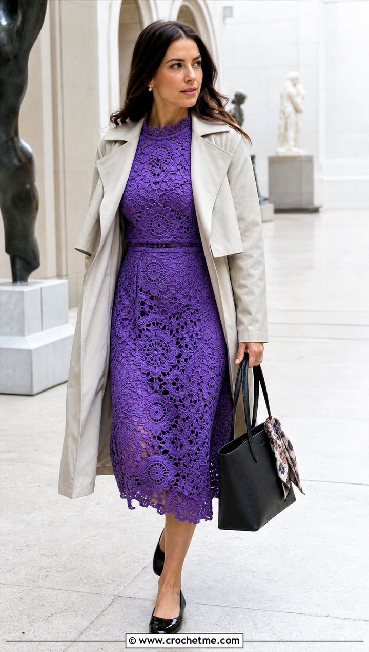 Floral Motif Crochet Lace Dress With Trench Coat And Flats - 15 crochet lace dress design outfit ideas