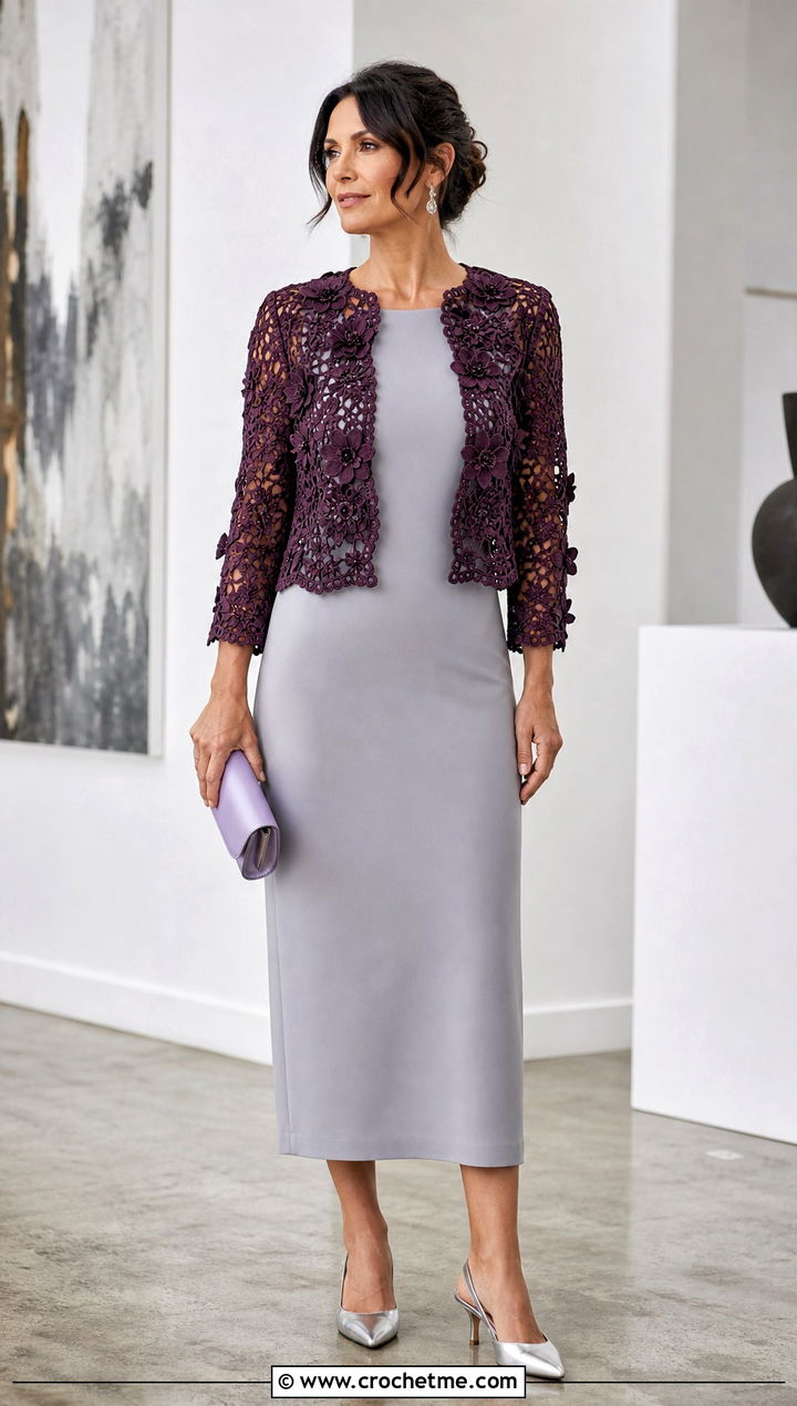 Floral Motif Crochet Lace Jacket With Column Dress - 30 crochet lace clothes and outfit ideas