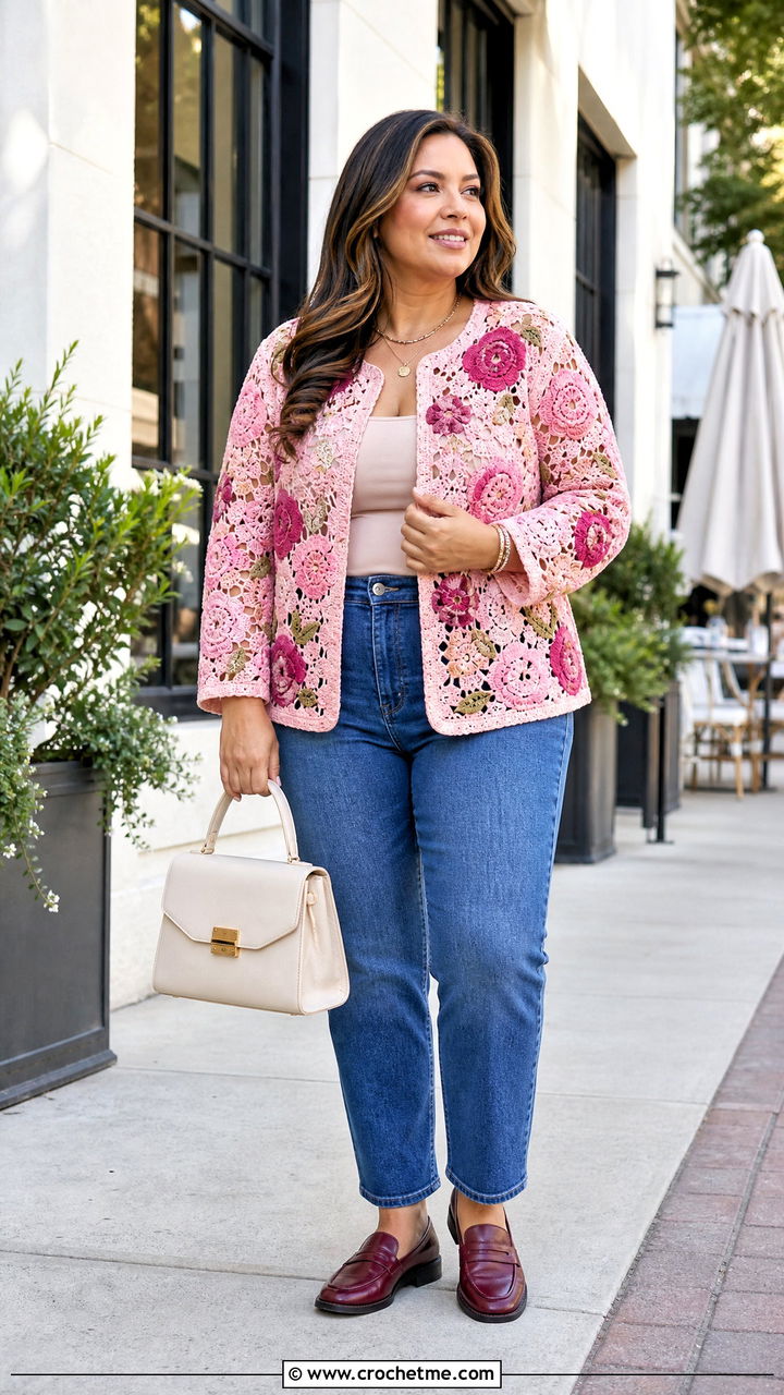 Floral Motif Crochet Lace Jacket With Straight Jeans - 35 crochet lace jacket outfit ideas